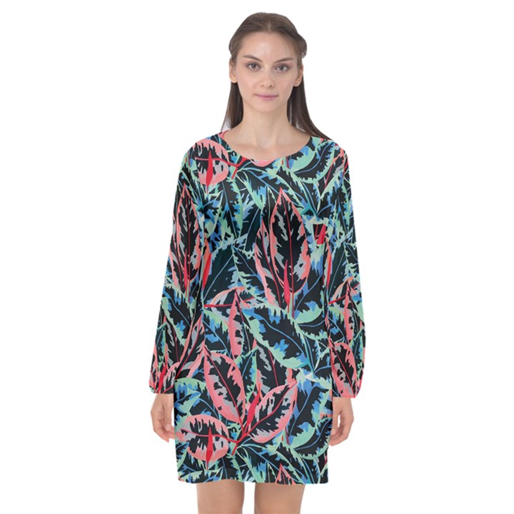 Leaves Leaf Pattern Patterns Colorfur Long Sleeve Chiffon Shift Dress 