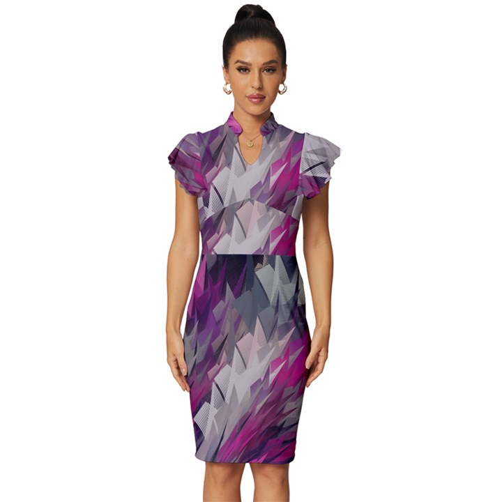 Colorful Artistic Pattern Design Vintage Frill Sleeve V-Neck Bodycon Dress