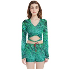 Green And Blue Peafowl Peacock Animal Color Brightly Colored Velvet Wrap Crop Top And Shorts Set by Semog4