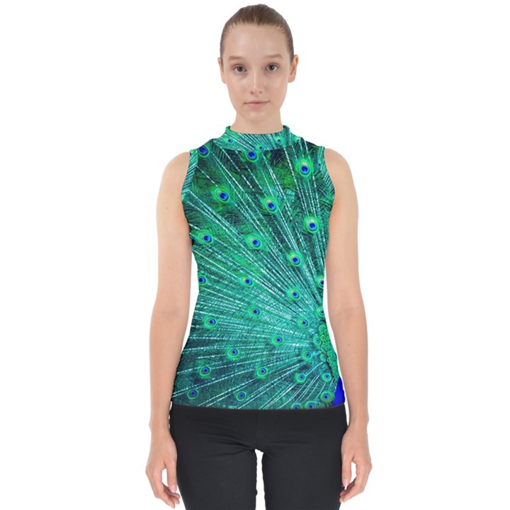 Green And Blue Peafowl Peacock Animal Color Brightly Colored Mock Neck Shell Top