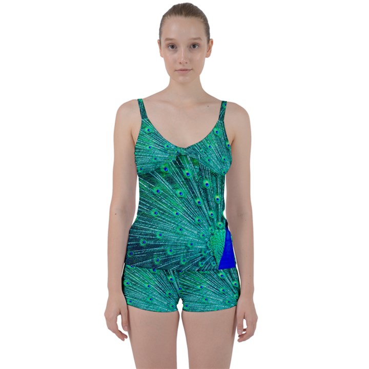 Green And Blue Peafowl Peacock Animal Color Brightly Colored Tie Front Two Piece Tankini