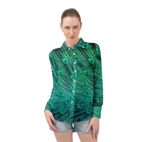 Green And Blue Peafowl Peacock Animal Color Brightly Colored Long Sleeve Chiffon Shirt by Semog4