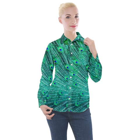 Green And Blue Peafowl Peacock Animal Color Brightly Colored Women s Long Sleeve Pocket Shirt by Semog4