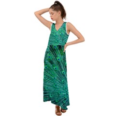 Green And Blue Peafowl Peacock Animal Color Brightly Colored V-neck Chiffon Maxi Dress by Semog4