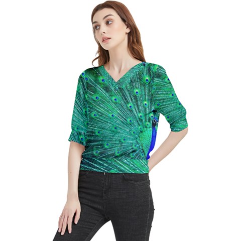 Green And Blue Peafowl Peacock Animal Color Brightly Colored Quarter Sleeve Blouse by Semog4