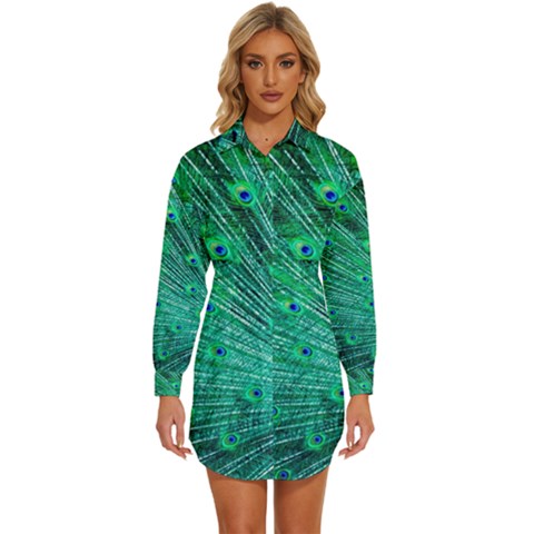 Green And Blue Peafowl Peacock Animal Color Brightly Colored Womens Long Sleeve Shirt Dress by Semog4