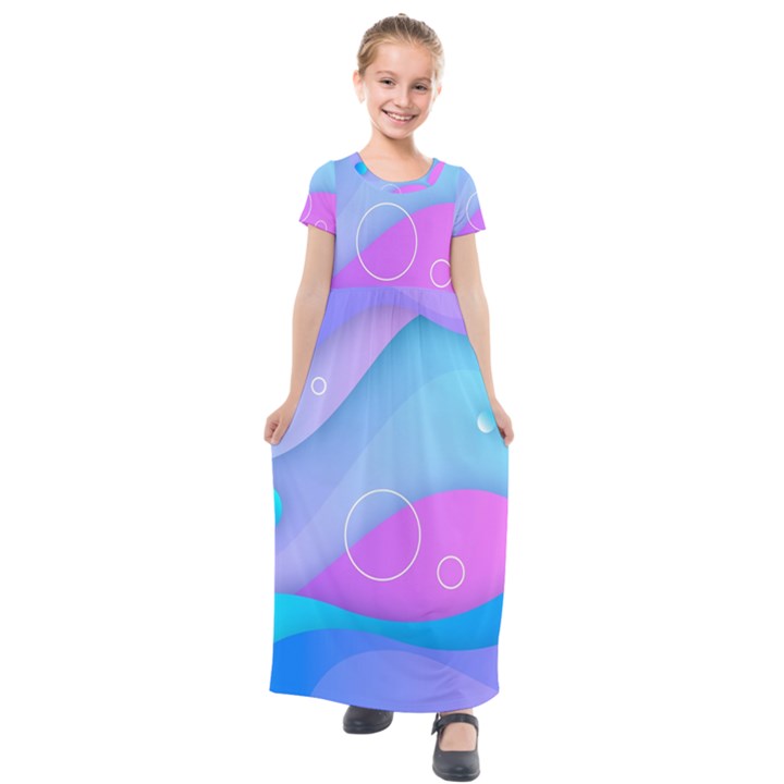 Colorful Blue Purple Wave Kids  Short Sleeve Maxi Dress