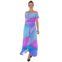 Colorful Blue Purple Wave Off Shoulder Open Front Chiffon Dress