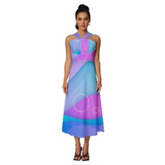 Colorful Blue Purple Wave Sleeveless Cross Front Cocktail Midi Chiffon Dress