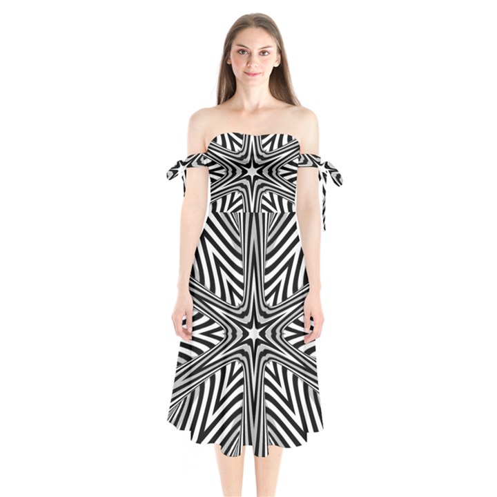 Fractal Star Mandala Black And White Shoulder Tie Bardot Midi Dress