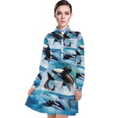 Orca Wave Water Underwater Sky Long Sleeve Chiffon Shirt Dress by Semog4