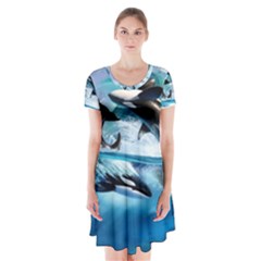 Orca Wave Water Underwater Sky Short Sleeve V-neck Flare Dress by Semog4