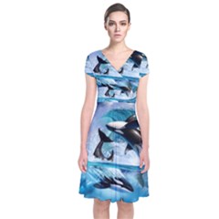 Orca Wave Water Underwater Sky Short Sleeve Front Wrap Dress by Semog4