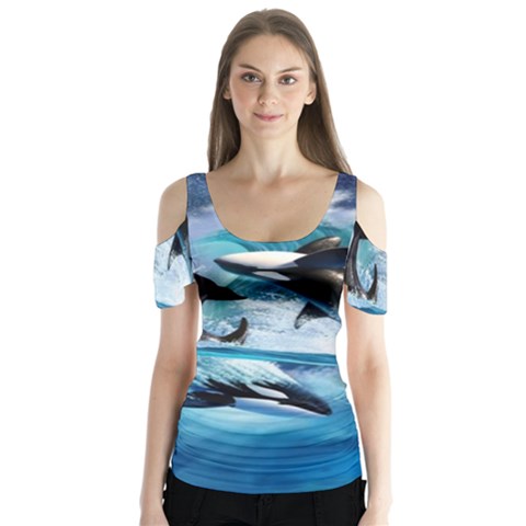 Orca Wave Water Underwater Sky Butterfly Sleeve Cutout Tee  by Semog4