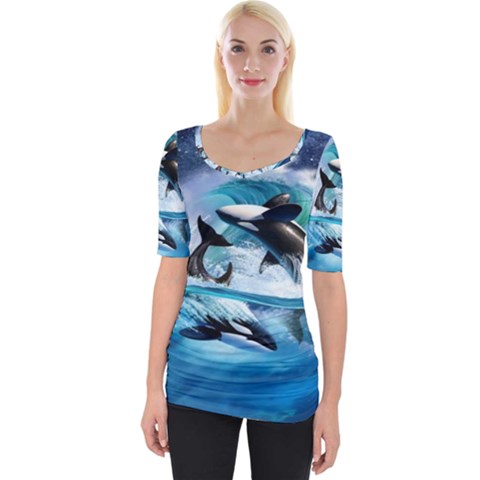 Orca Wave Water Underwater Sky Wide Neckline Tee by Semog4