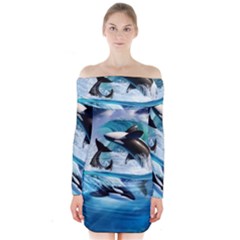 Orca Wave Water Underwater Sky Long Sleeve Off Shoulder Dress by Semog4