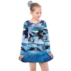 Orca Wave Water Underwater Sky Kids  Long Sleeve Dress by Semog4