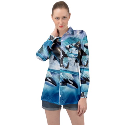 Orca Wave Water Underwater Sky Long Sleeve Satin Shirt by Semog4