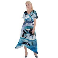 Orca Wave Water Underwater Sky Cross Front Sharkbite Hem Maxi Dress by Semog4