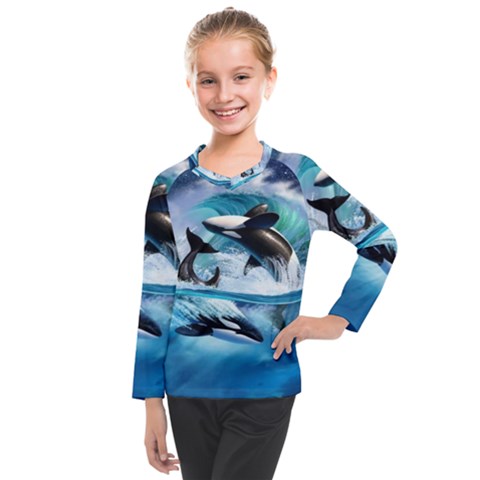 Orca Wave Water Underwater Sky Kids  Long Mesh Tee by Semog4