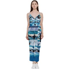 Orca Wave Water Underwater Sky V-neck Spaghetti Strap Tie Front Jumpsuit by Semog4