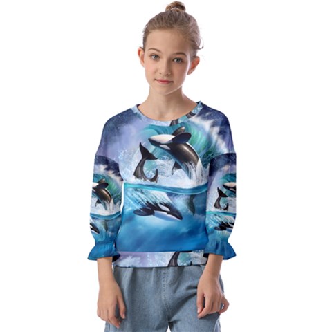 Orca Wave Water Underwater Sky Kids  Cuff Sleeve Top by Semog4