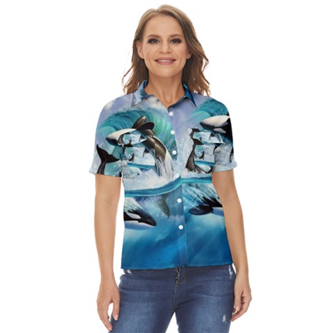 Orca Wave Water Underwater Sky Women s Short Sleeve Double Pocket Shirt by Semog4