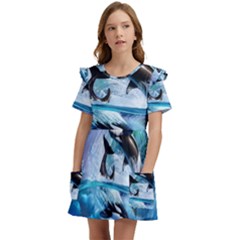 Orca Wave Water Underwater Sky Kids  Frilly Sleeves Pocket Dress by Semog4