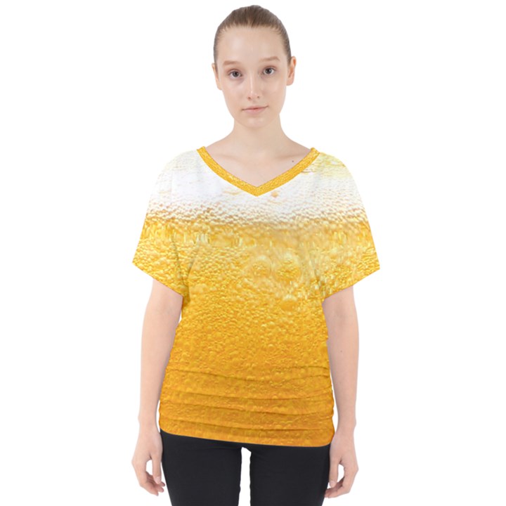 Texture Pattern Macro Glass Of Beer Foam White Yellow V-Neck Dolman Drape Top