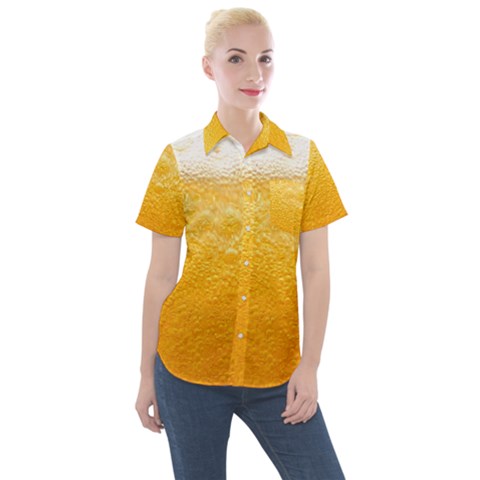 Texture Pattern Macro Glass Of Beer Foam White Yellow Women s Short Sleeve Pocket Shirt by Semog4