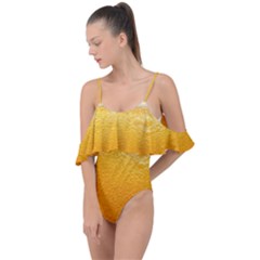 Texture Pattern Macro Glass Of Beer Foam White Yellow Drape Piece Swimsuit by Semog4