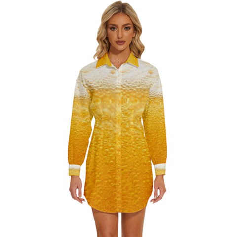 Texture Pattern Macro Glass Of Beer Foam White Yellow Womens Long Sleeve Shirt Dress by Semog4