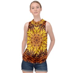 Abstract Gold Mandala Yellow High Neck Satin Top by Semog4