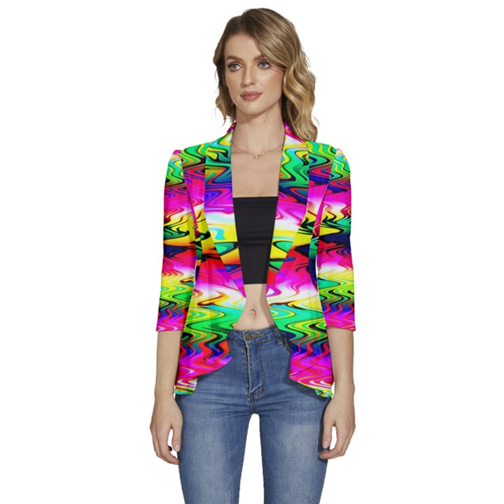 Waves Of Color Women s 3/4 Sleeve Ruffle Edge Open Front Jacket