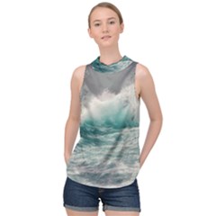 Big Storm Wave High Neck Satin Top by Semog4