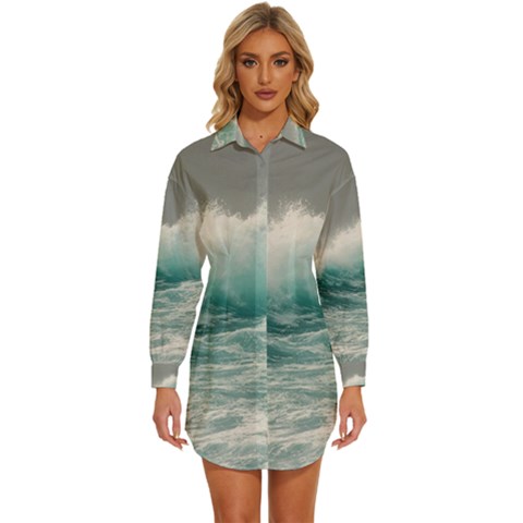 Big Storm Wave Womens Long Sleeve Shirt Dress by Semog4