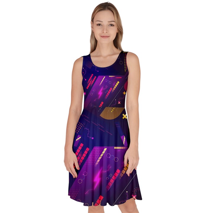 Colorful Abstract Background Creative Digital Art Colorful Geometric Artwork Knee Length Skater Dress With Pockets