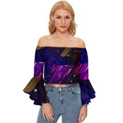 Colorful Abstract Background Creative Digital Art Colorful Geometric Artwork Off Shoulder Flutter Bell Sleeve Top by Semog4