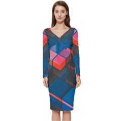 Minimalist Abstract Shaping Abstract Digital Art Minimalism Long Sleeve V-neck Bodycon Dress  by Semog4