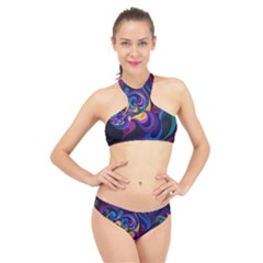 Colorful Waves Abstract Waves Curves Art Abstract Material Material Design High Neck Bikini Set by Semog4