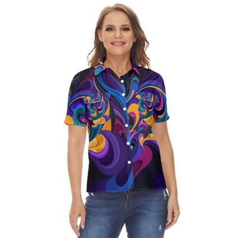 Colorful Waves Abstract Waves Curves Art Abstract Material Material Design Women s Short Sleeve Double Pocket Shirt by Semog4