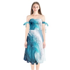 Tsunami Big Blue Wave Ocean Waves Water Shoulder Tie Bardot Midi Dress by Semog4