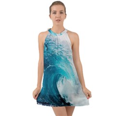 Tsunami Big Blue Wave Ocean Waves Water Halter Tie Back Chiffon Dress by Semog4