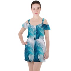 Tsunami Big Blue Wave Ocean Waves Water Ruffle Cut Out Chiffon Playsuit by Semog4