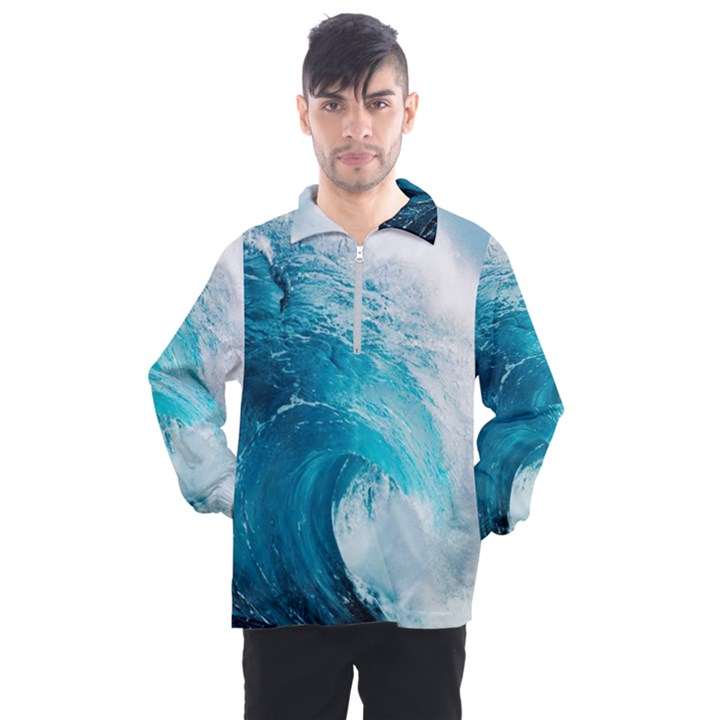 Tsunami Big Blue Wave Ocean Waves Water Men s Half Zip Pullover