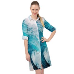 Tsunami Big Blue Wave Ocean Waves Water Long Sleeve Mini Shirt Dress by Semog4