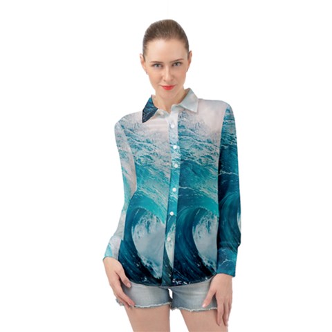 Tsunami Big Blue Wave Ocean Waves Water Long Sleeve Chiffon Shirt by Semog4