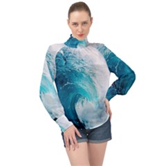 Tsunami Big Blue Wave Ocean Waves Water High Neck Long Sleeve Chiffon Top by Semog4