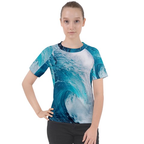 Tsunami Big Blue Wave Ocean Waves Water Women s Sport Raglan Tee by Semog4