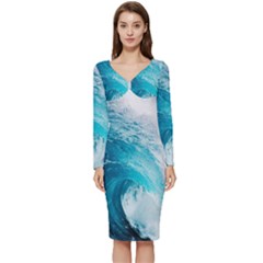 Tsunami Big Blue Wave Ocean Waves Water Long Sleeve V-neck Bodycon Dress  by Semog4